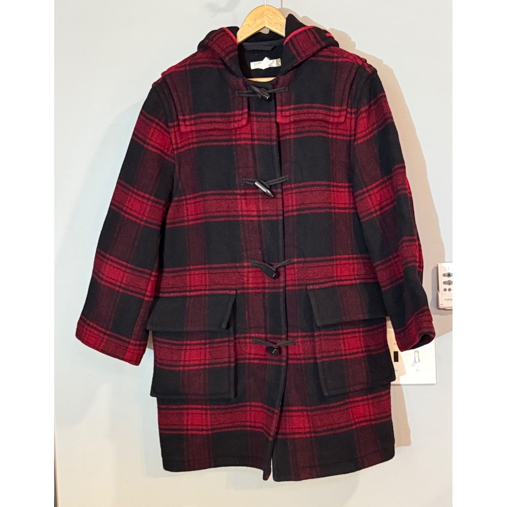 J Crew Plaid Toggle Coat Women Medium Red Black Wool‎ Blend Hooded Duffle